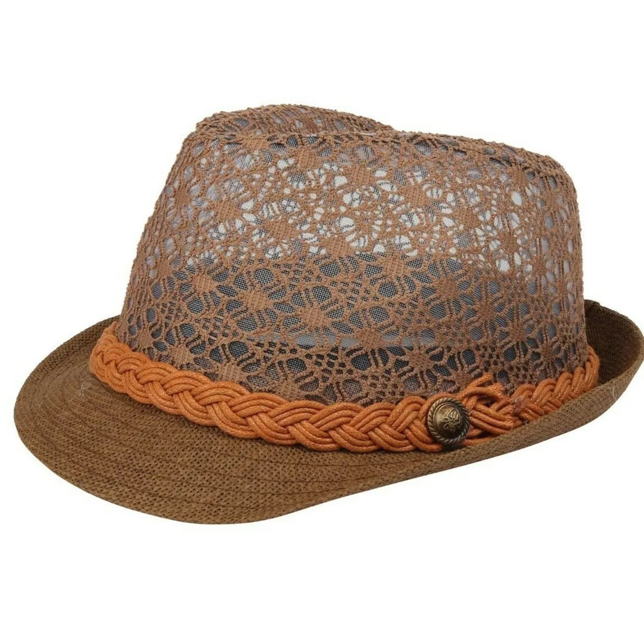 Ladies lace effect trilby sun hat in brown with woven braid band and button detail